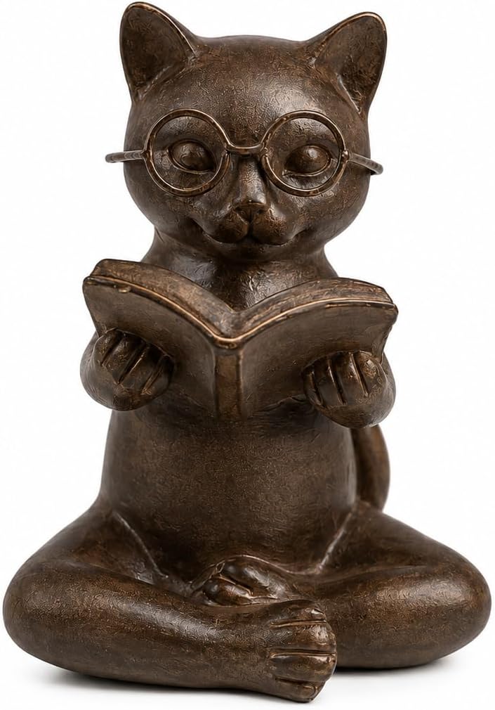 Bronze Resin Cat Reading Figurine with Glasses