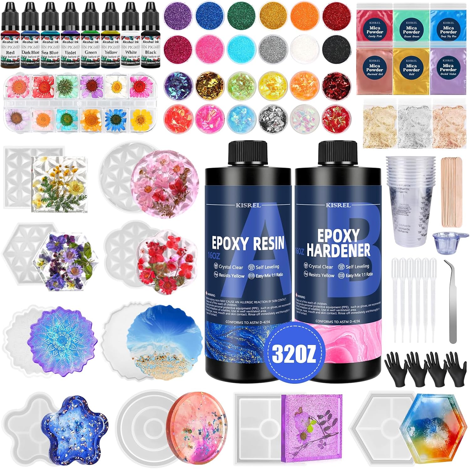Resin Casting Kit, 32 oz Epoxy, Moulds, Pigments, Decor