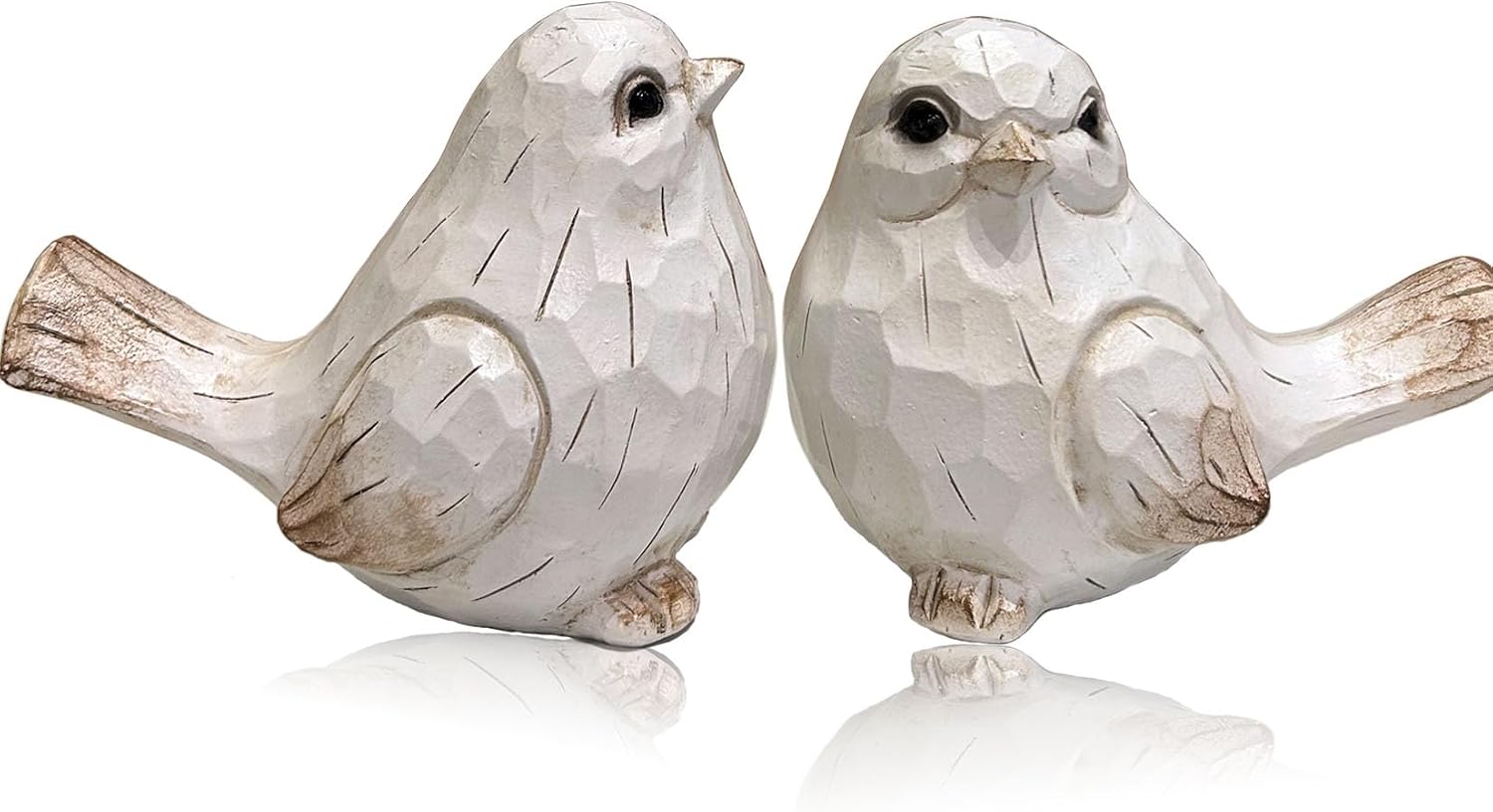 Chirpy Bird Figures, Resin, White and Brown, Pair