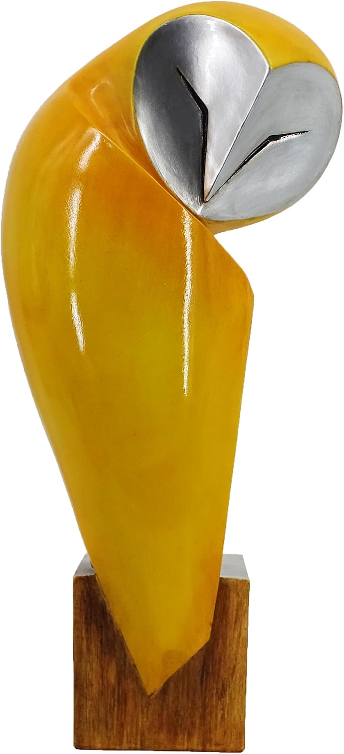 Abstract Owl Sculpture, Handcrafted Resin, Yellow and Silver