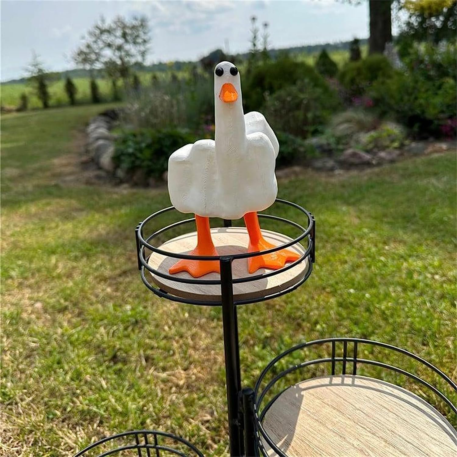 Decorative Goose Figurine, White Resin with Orange Accents