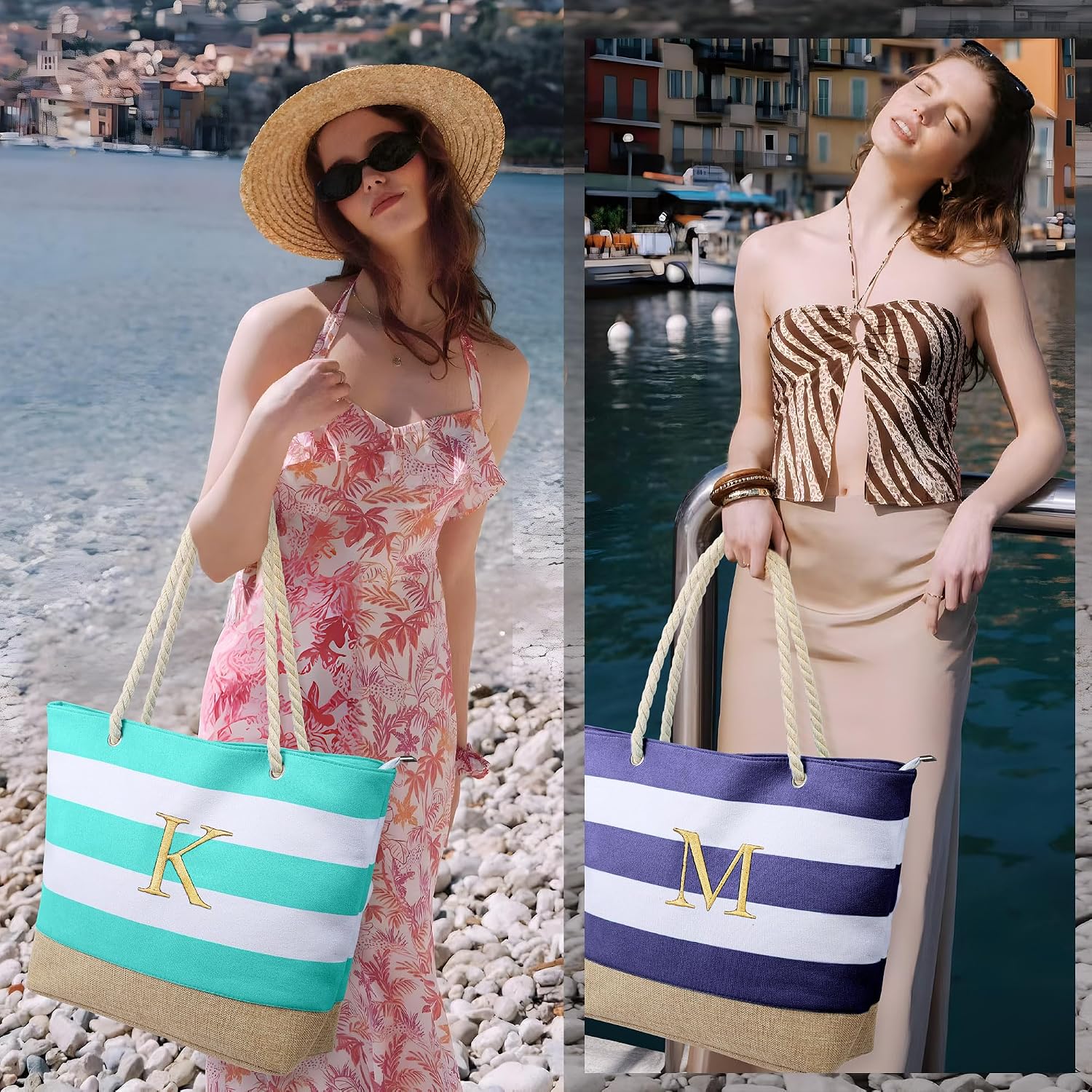 Striped Initial Tote Bag - Hình 2